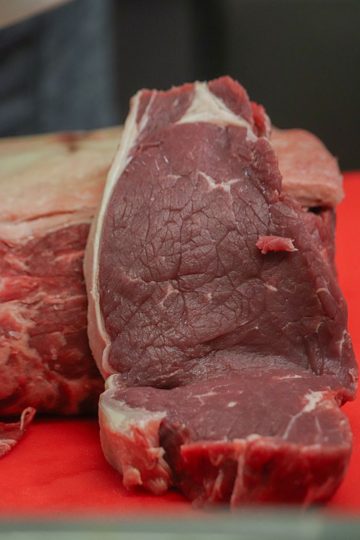 services-01 Close-up of a raw steak on a red cutting board, ideal for food photography.